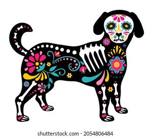 Day of the Dead, Dia de los muertos, animal skull and skeleton decorated with colorful Mexican elements and flowers. Dog skeleton.  Fiesta, Halloween, holiday poster, party. Vector illustration