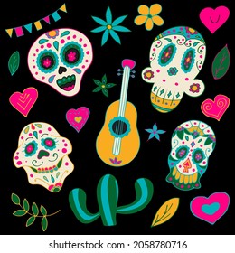 Day of the Dead, Dia de los Muertos, Sugar Skulls with Colorful Mexican Elements and Flowers.