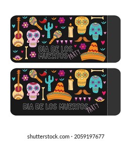 Day of the dead, Dia de los muertos, banner with colorful Mexican elements. Holiday poster, party flyer set, funny greeting card