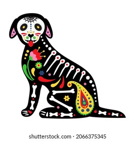 Día de los Muertos, Dia de los muertos, cráneo de animales y esqueleto decorados con coloridos elementos mexicanos y flores. Esqueleto de perro.  Fiesta, Halloween, afiche de fiestas, fiesta. Ilustración del vector