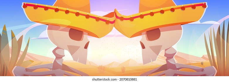 Día de los muertos, Dia de los muertos o Viva México caracter esqueletos con sombrero en mariachi con sombrero ante el paisaje del desierto. Fiesta Halloween mexicana, tradición latina, ilustración vectorial de dibujos animados