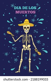 Day of the dead, Dia de los moertos, banner with colorful Mexican flowers. Vector skeleton skull in sombrero. Smiling sugar festive skull. Fiesta. maracas. Mexico