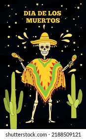 Day of the dead, Dia de los moertos, banner with colorful Mexican flowers. Vector skeleton skull in sombrero. Smiling sugar festive skull. Poncho, maracas. Mexico