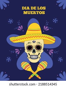 Day of the dead, Dia de los moertos, banner with colorful Mexican flowers. Vector skeleton skull in sombrero. Smiling sugar festive skull. Fiesta, holiday poster. maracas. Mexico