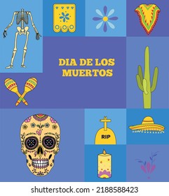 Day of the dead, Dia de los moertos, banner with colorful Mexican flowers. Vector skeleton skull in sombrero. Smiling sugar festive skull. Fiesta, holiday poster. maracas. Mexico. collage, set