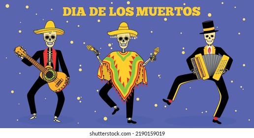 Day of the dead, Dia de los moertos, banner with colorful Mexican flowers. Vector skeleton skull in sombrero. Smiling sugar festive skull. Poncho, maracas. Mexico