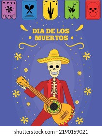 Day of the dead, Dia de los moertos, banner with colorful Mexican flowers. Vector skeleton skull in sombrero. Smiling sugar festive skull. Poncho, maracas. Mexico