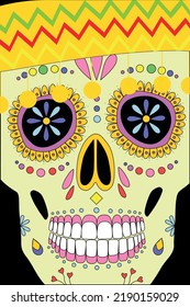 Day of the dead, Dia de los moertos, banner with colorful Mexican flowers. Vector skeleton skull in sombrero. Smiling sugar festive skull. Poncho, maracas. Mexico