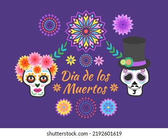 Day of the dead, Dia de los muertos, banner with colorful Mexican flowers. Fiesta, Halloween holiday poster, party flyer, funny greeting card