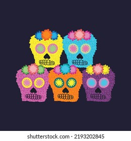 Day of Dead, Dia de los muertos, flat vector illustrations set. Mexican skull piñata, pinata, skeletons isolated cliparts, holiday stickers