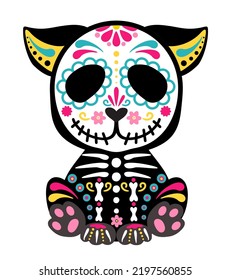 Day of the Dead, Dia de los muertos, animal skull and skeleton decorated with colorful Mexican elements and flowers. Fiesta, Halloween, holiday poster, party. Vector illustration