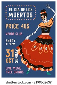 Día de Muertos, diseño de volante del carnaval del Día de los Muertos. Plantilla de afiches de fiestas de feriado mexicano, banner de promoción vertical con escrúpulo feliz bailando Catrina. Ilustración vectorial plana de color