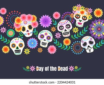 Day of the dead, Dia de los muertos, banner with colorful Mexican flowers. Fiesta, Halloween holiday poster, party flyer, funny greeting card