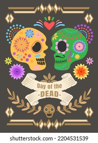 Day of the dead, Dia de los muertos, banner with colorful Mexican flowers. Fiesta, Halloween holiday poster, party flyer, funny greeting card