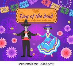 Day of the dead, Dia de los muertos, banner with colorful Mexican flowers. Fiesta, Halloween holiday poster, party flyer, funny greeting card