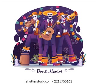 Day of Dead, Dia de Los Muertos with a group of mariachi musician skeleton playing the guitar, violin, and trumpet at a Mexican Holiday fiesta party. Vector illustration in flat style