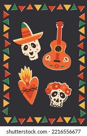 The Day of the Dead, Dia de Los Muertos retro style A5 banner, vector flyer, greeting card. Sugar skulls in a sombrero, flowers like Catrina Calavera, a sacred heart, and Spanish guitar.