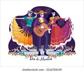 Día de Muertos, Día de Los Muertos con un esqueleto musical de mariachi, y Dos Mujeres Catrina bailando en una fiesta de Navidad Mexicana. Ilustración vectorial en estilo plano