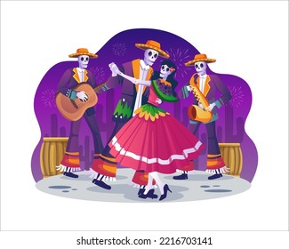 Día de Muertos, Fiesta Mexicana del Día de Los Muertos con esqueletos de músicos bailarines Catrina Calavera y Mariachi con sombrero tocando música. Ilustración vectorial en estilo plano