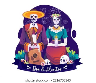 Day of Dead, Dia de Los Muertos Mexican Holiday with Catrina and a mariachi musician with a sugar skull holding a guitar and candle. Vector illustration in flat style