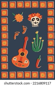 The Day of the Dead, Dia de Los Muertos retro A5 banner, vector flyer, greeting card. Catrina Calavera Sugar skull, Mexican cactus and flor de Muerto, marigold flower, footprints, Spanish guitar.