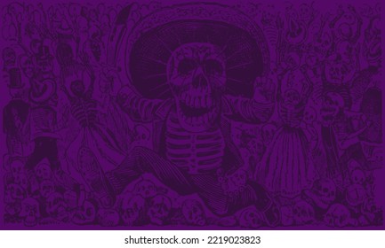 Day of the Dead (Dia de los Muertos) Background With Skeleton Skull Dancing Seamless Backdrop Vector Illustration Mexican Day