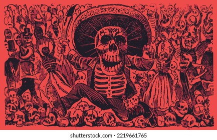 Day of the Dead (Dia de los Muertos) Background With Skeleton Skull Dancing Seamless Backdrop Vector Illustration Mexican Day Red