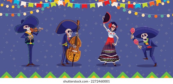 Day of Dead, Dia de los Muertos fiesta, skeleton in Mexican costumes and sombrero, play music and dance. Vector Dia de Los Muertos altar with marigold flowers and calavera skull