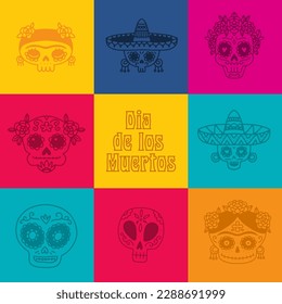 Day of the dead, Dia de los muertos, greeting card or banner with colorful cells with Mexican sugar skulls. Fiesta, holiday poster, party flyer. Doodle vector illustration.