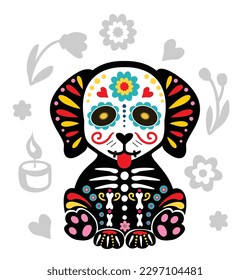 Day of the Dead, Dia de los muertos, animal skull and skeleton decorated with Mexican elements and flowers. Puppy skeleton. Dog skeleton.  Fiesta, Halloween, holiday poster, party. Vector illustration