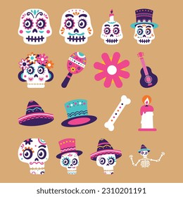 Day of Dead, Dia de los muertos, flat vector illustrations set. Sugar mexican skulls, skeletons in mexican traditional clothes. Hat, flower, candle isolated cliparts. Holiday stickers, patches pack