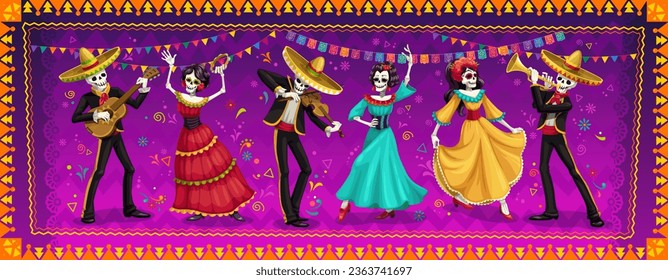 Day of Dead or Dia De Los Muertos Mexican holiday vector characters of Catrina, skeletons and mariachi musicians. Dia de Los Muertos fiesta music band in sombreros with guitars, trumpets and violins