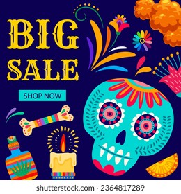 Day of the Dead Dia De Los Muertos mexican holiday big sale banner. Vector sugar skull, marigold flowers, candle and tequila, Mexico Halloween holiday special offer flyer with latin ethnic pattern