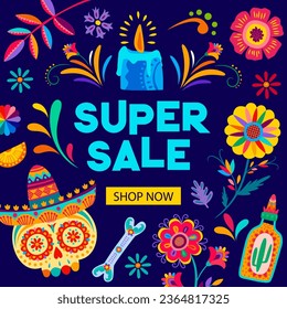 Day of the Dead Dia De Los Muertos sale banner of mexican Halloween holiday special offer. Vector calavera sugar skull, flowers and candle, sombrero, tequila and skeleton bones with floral pattern