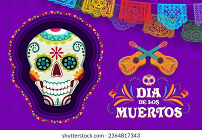 Cartel de corte de papel del Día de los Muertos con calavera cráneo y festividades papel picado garland. Vector festividad mexicana ofrenda altar cráneo de azúcar y guitarra cruzada con patrón de flores