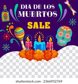 Plantilla de banner para la venta del Día de los Muertos mexicanos. Marigoles vectoriales, velas y cráneo de azúcar de México Halloween oferta especial afiche web, calavera, flores, tequila y maracas