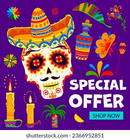 Day of the Dead Dia De Los Muertos special offer banner of mexican holiday sale season. Vector sugar skull in sombrero, ofrenda altar candles and tequila with bright color tropical flowers pattern