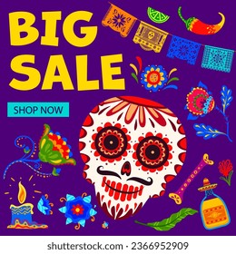 Day of the Dead Dia De Los Muertos big sale banner. Mexican Halloween holiday special offer vector card with cartoon calavera skull, papel picado flags and tropical flowers, tequila, pepper and bones