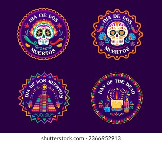 Day of the Dead Dia De Los Muertos mexican holiday circle labels and banners. Vector calavera sugar skulls, candles and aztec pyramid, cartoon flowers and peppers round tags with latin ornament