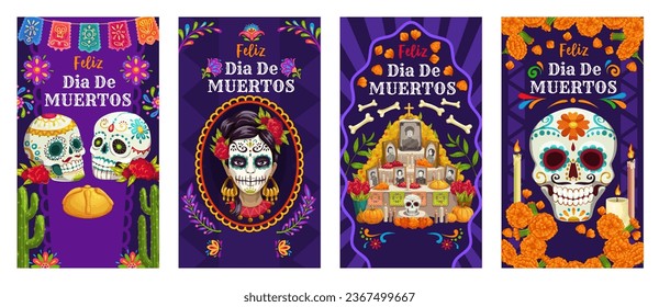 Day of the Dead Dia De Los Muertos mexican holiday social media banners, vector Mexico Halloween. Cartoon sugar skulls, ofrenda altar and Catrina Calavera with marigold flowers, candles, papel picado