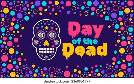 Day of the dead, Dia de los muertos, Día de Muertos colorful Mexican skull pattern background design template. traditional Mexican holiday poster, party flyer, greeting card, banner and background.