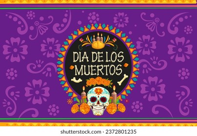 Banner del Día de los Muertos de la festividad mexicana con cráneo vectorial y marigolas. Comidas de altar de Halloween en México con marco de patrones étnicos. Calavera de caricatura, flores, velas y pan