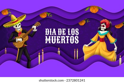 Día de los Muertos: pancarta cortada con flores de oro, personajes de caricatura de Catrina y músicos de mariachi. Tarjeta vector feriado de Halloween en México, bordes ondulados de capas de papel 3d