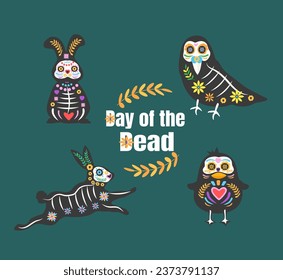 Day of the dead, Dia de los muertos, animals skulls and skeleton decorated with colorful Mexican elements and flowers. 