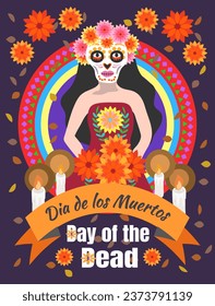 Day of the dead, Dia de los muertos. Catrina skeleton in red dress  on purple background