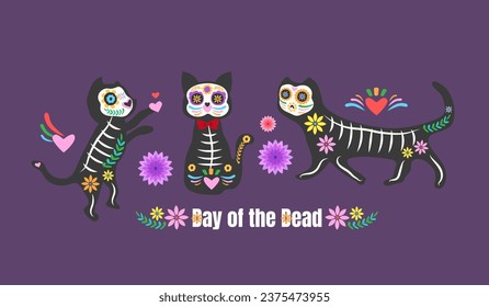 Day of the dead, Dia de los muertos, cats skulls and skeleton decorated with colorful Mexican elements and flowers. 