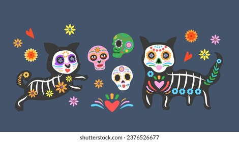 Day of the dead, Dia de los muertos, dogs skulls and skeleton decorated with colorful Mexican elements and flowers. 