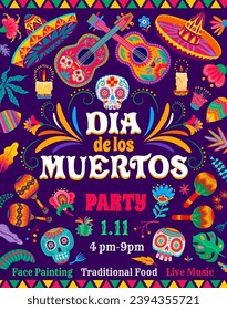 Day of the Dead Dia De Los Muertos mexican holiday party flyer, vector Mexico Halloween. Cartoon sugar calavera skulls, flowers and candles, mariachi guitars and maracas on floral pattern background