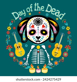 Day of the Dead, Dia de los muertos, animal skull and skeleton decorated with Mexican elements and flowers. Puppy skeleton. Dog skeleton. Poster or banner. Vector illustration