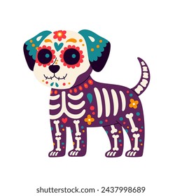 Day of the Dead, Dia de los muertos, dog skull and skeleton decorated with colorful Mexican elements and flowers. 